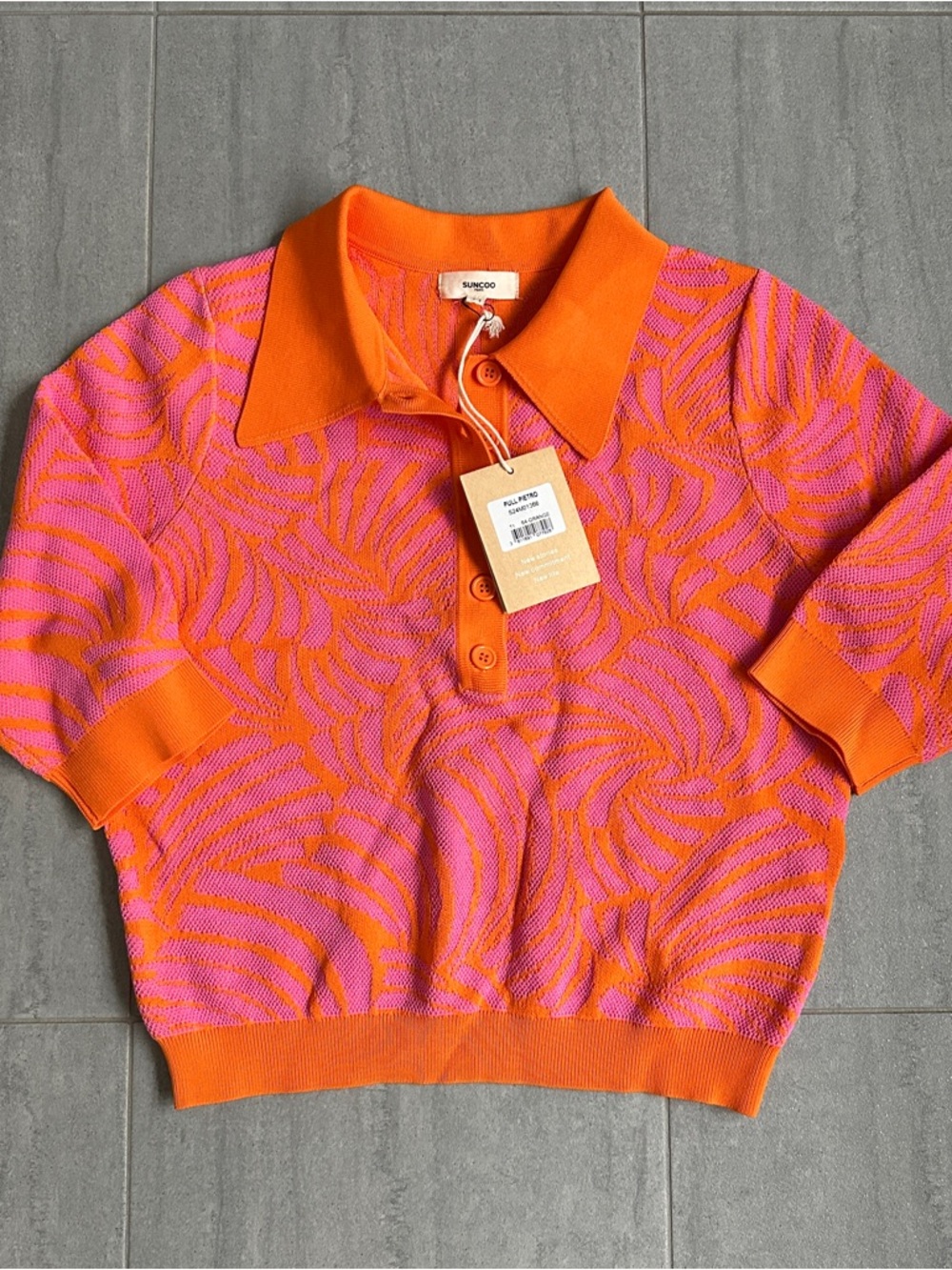 SUNCOO Pink and Orange Knit Polo with Swirl Motif